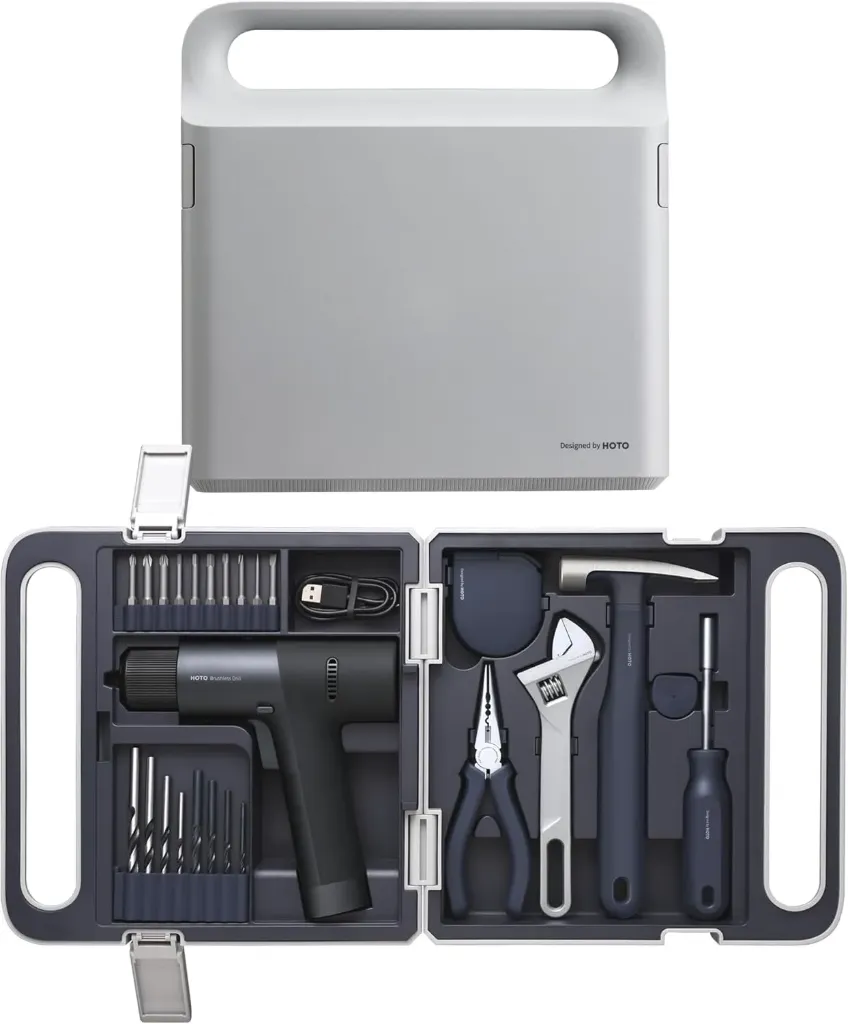 HOTO Boîte à Outils, 26 Pièces, Inclus Perceuse 12V, Tournevis, Clé, Marteau, Pince, Mètre Ruban, Adapté pour Ateliers et Maison, Gris/Bleu Foncé