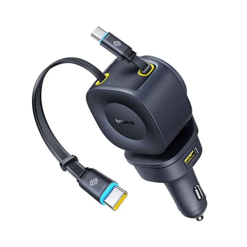 Baseus 163W Chargeur Voiture Rétractable, 4 Ports USB-C/USB Rapide avec 2 Câbles 67W Intégrés, Rotation 450°, pour PC Portables, Tablettes et Smartphones