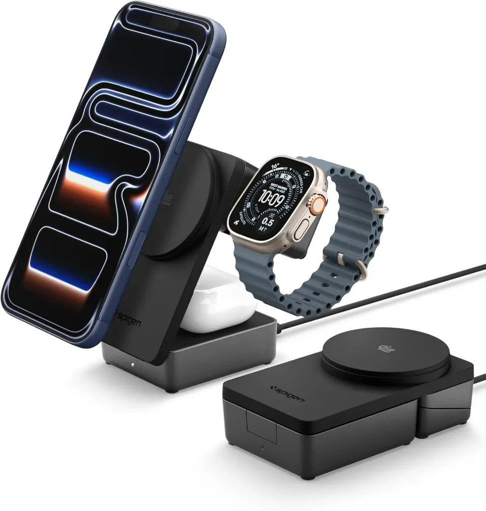 [ACH10398] Spigen Essential EF323MQ Station de recharge pliable Qi2.2 3-en-1 25 W (Noir)