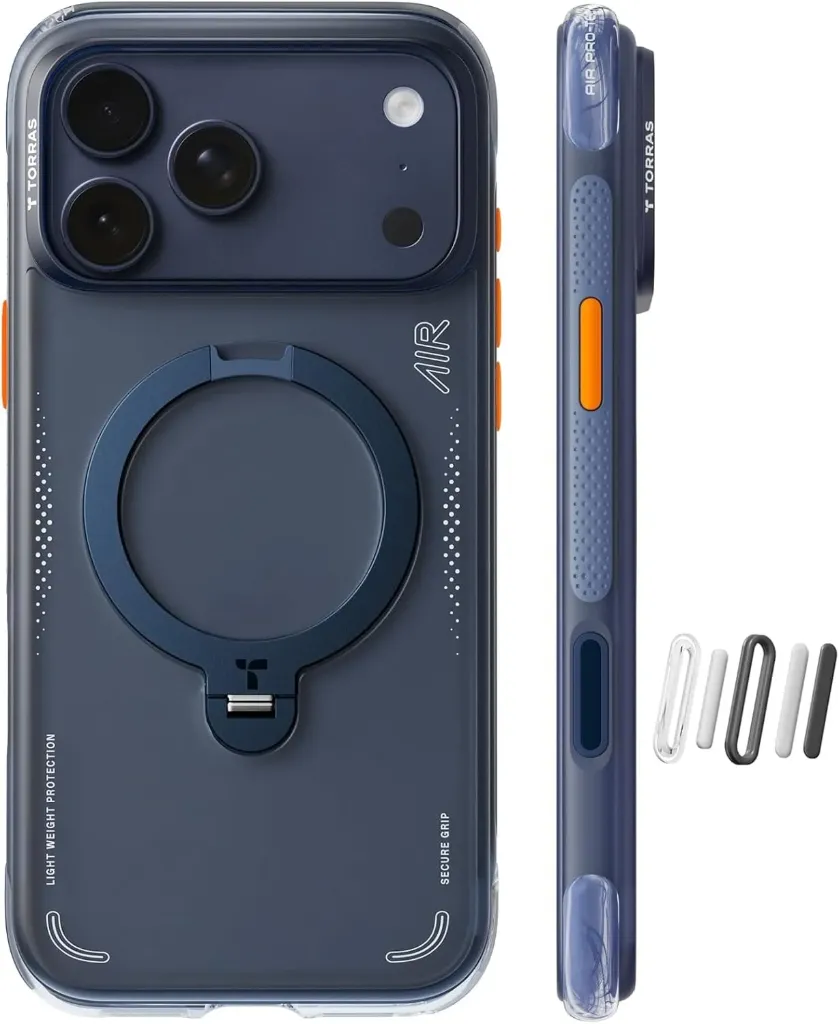 TORRAS Ostand Q3 Air Coque pour iPhone 17 Pro Max, Protection Airbag Dynamique Antichoc, Support Magnétique Rotatif 360°, MagSafe 18N, Boutons Interchangeables, Finition Mate – Bleu Nuit