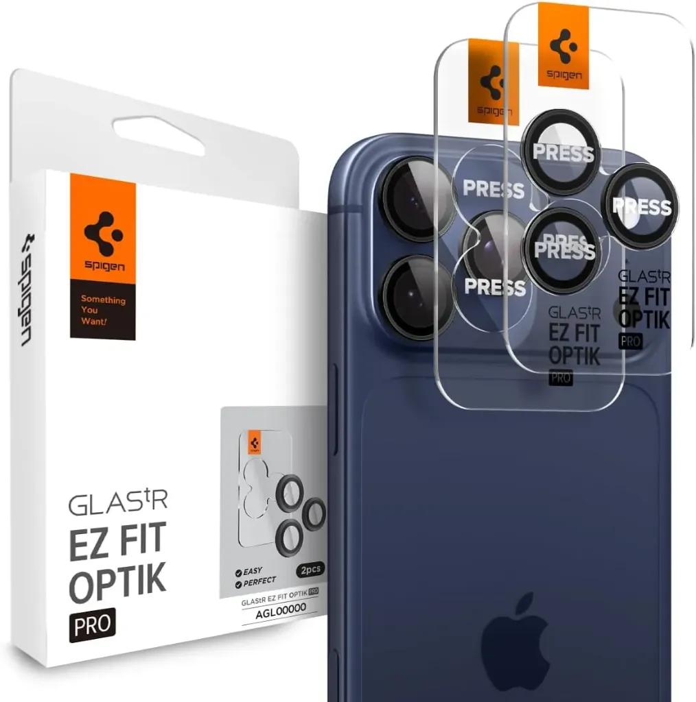 Spigen Glas.tR EZ Fit Optik Pro Protection Camera pour iPhone 17 Pro, iPhone 17 Pro Max, iPhone 16/15 Pro, iPhone 16/15 Pro Max, 2 Pièces, Protection Individuelle, Kit d'installation inclus