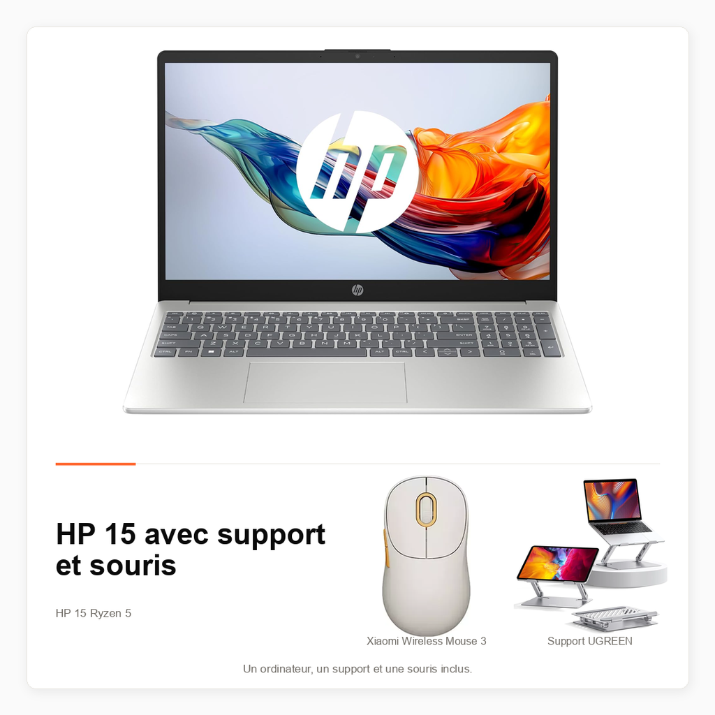 [PACK-INFO-HP-CONFORT] Pack HP 15 Ryzen 5, 8 Go, 512 Go avec support et souris