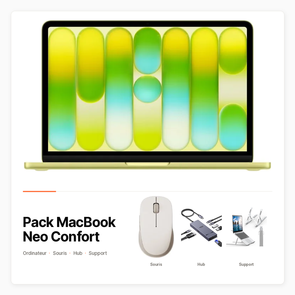 Pack MacBook Neo Confort avec MacBook, souris, hub 7-en-1 et support