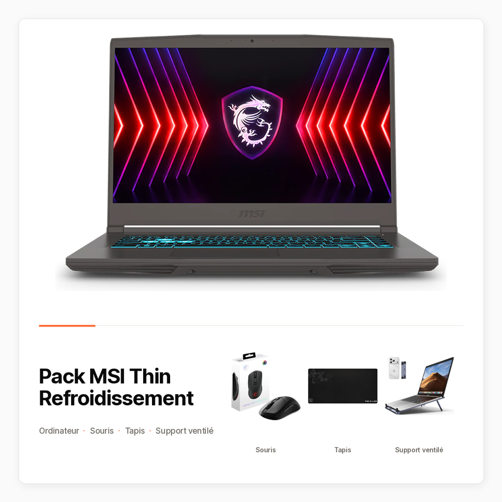 [PACK-INFO-MSI-THIN-REFROIDISSEMENT] Pack MSI Thin Refroidissement — PC, souris, tapis et support ventilé