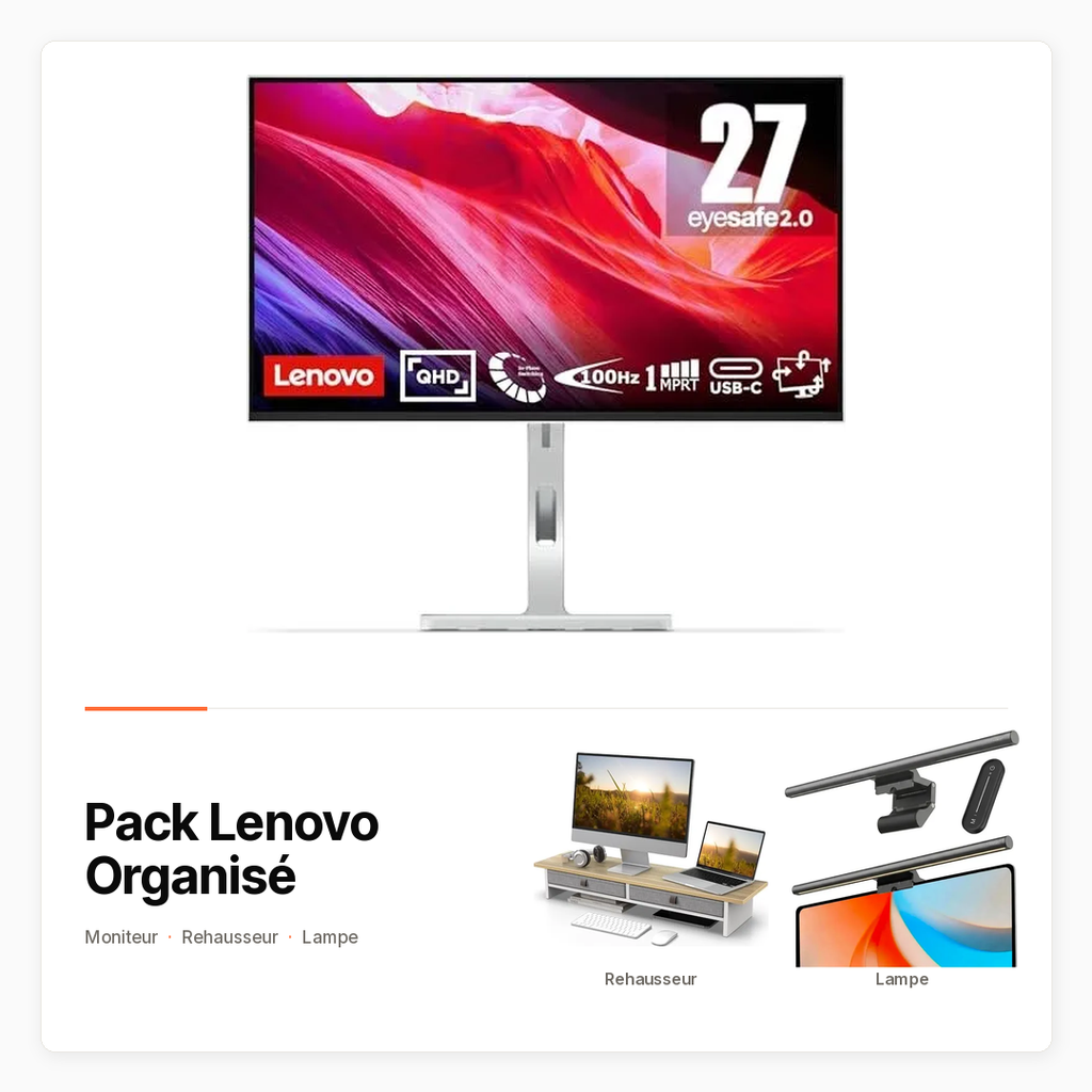 [PACK-INFO-LENOVO-ORGANISE] Pack Lenovo Organisé, moniteur, rehausseur avec tiroirs et lampe