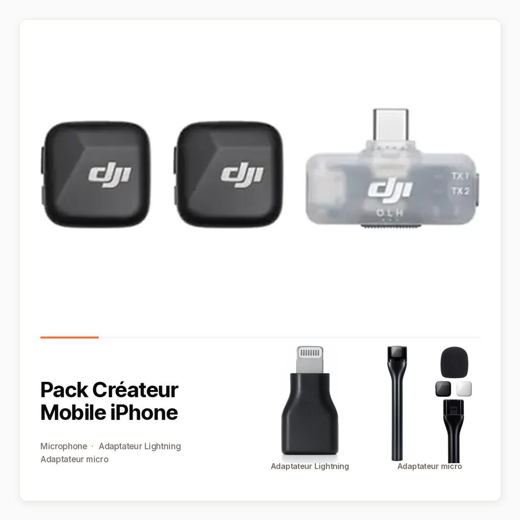 Pack Créateur Mobile iPhone avec DJI Mic Mini mobile, Lightning et adaptateur micro