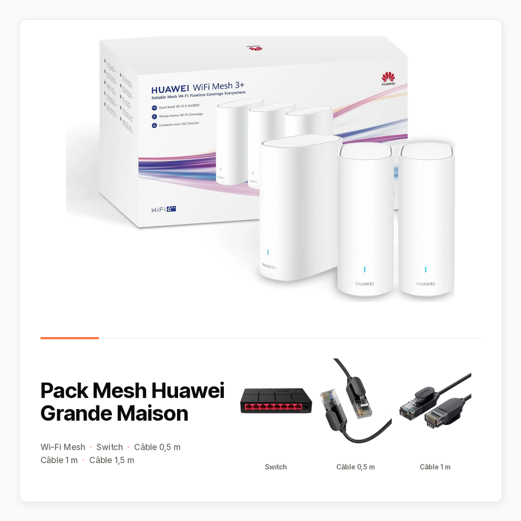 [PACK-INFO-MESH-HUAWEI-MAISON] Pack Mesh Huawei Grande Maison — Mesh x3, switch et trois câbles