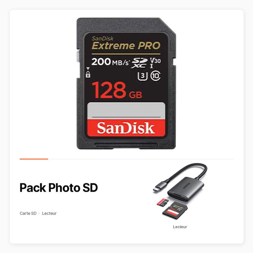 Pack Photo SD avec Carte SD Extreme Pro 128 Go et lecteur UHS-II