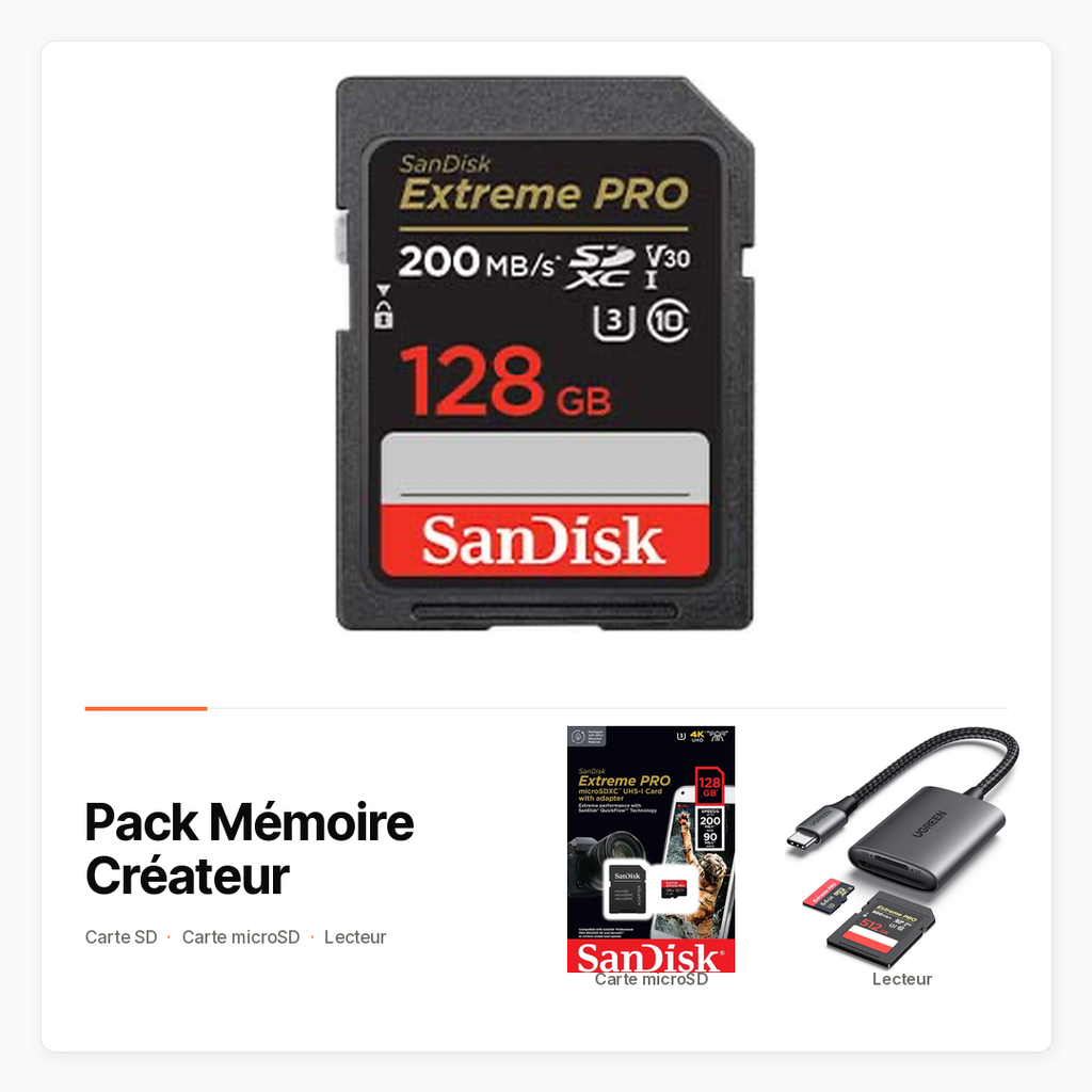 [PACK-INFO-MEMOIRE-CREATEUR] Pack Mémoire Créateur avec SD 128 Go, microSD 128 Go et lecteur