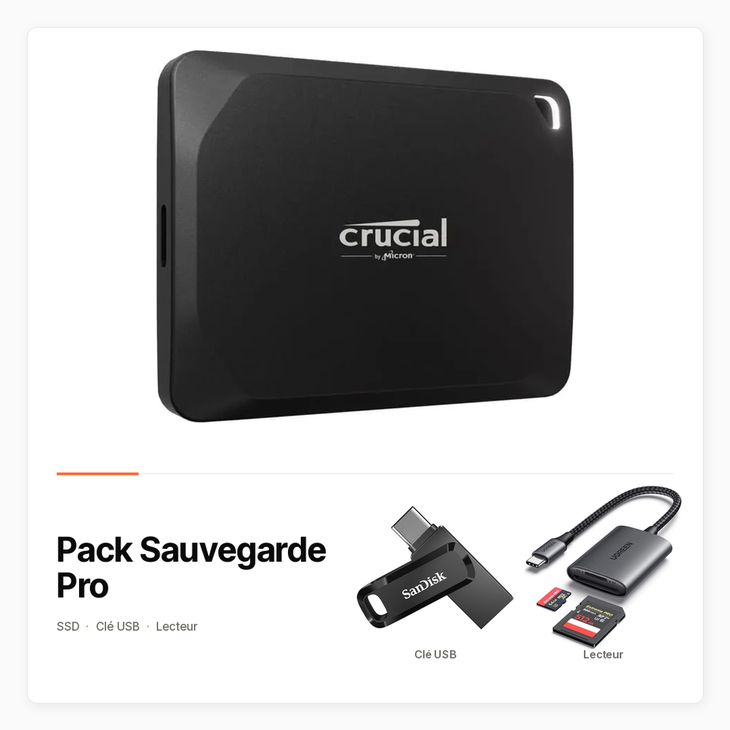 Pack Sauvegarde Pro avec SSD Crucial, clé USB 128 Go et lecteur