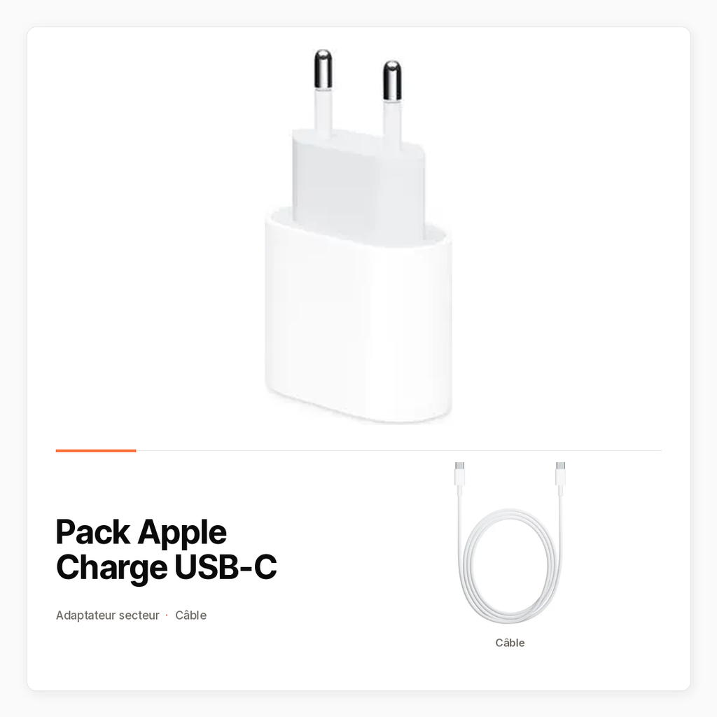 [PACK-HT-APPLE-CHARGE-USBC] Pack Apple Charge USB-C avec Adaptateur 20 W et câble USB-C 2 m