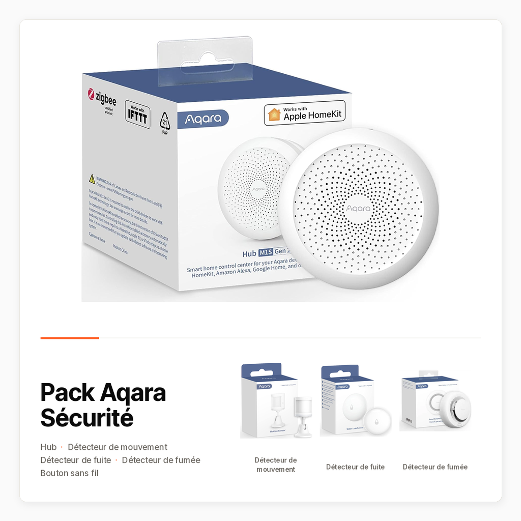 Pack Aqara Sécurité avec Hub M1S, mouvement, fuite, fumée et bouton