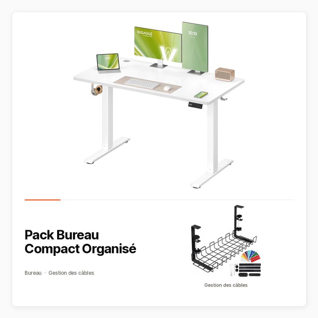 [PACK-MAISON-BUREAU-COMPACT] Pack Bureau Compact Organisé avec Bureau électrique 100 × 60 cm et gestion des câbles