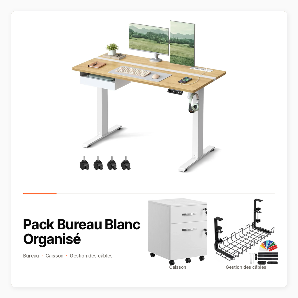 [PACK-MAISON-BUREAU-BLANC] Pack Bureau Blanc Organisé — Bureau chêne et blanc, caisson blanc et gestion des câbles