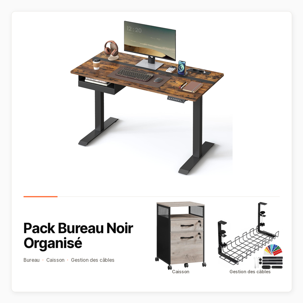 Pack Bureau Noir Organisé avec Bureau rustique et noir, caisson noir et gestion des câbles