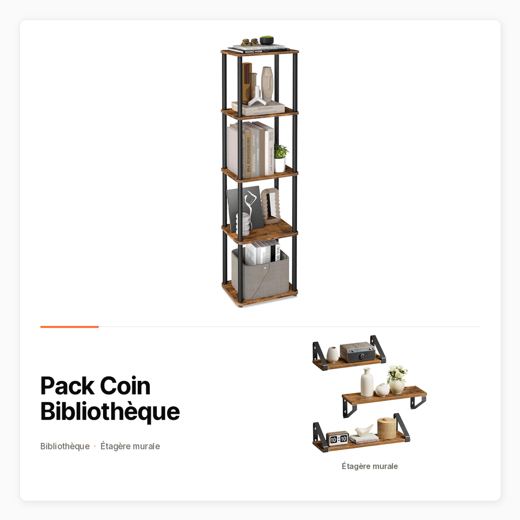[PACK-MAISON-COIN-BIBLIOTHEQUE] Pack Coin Bibliothèque avec Bibliothèque 5 niveaux et étagère murale