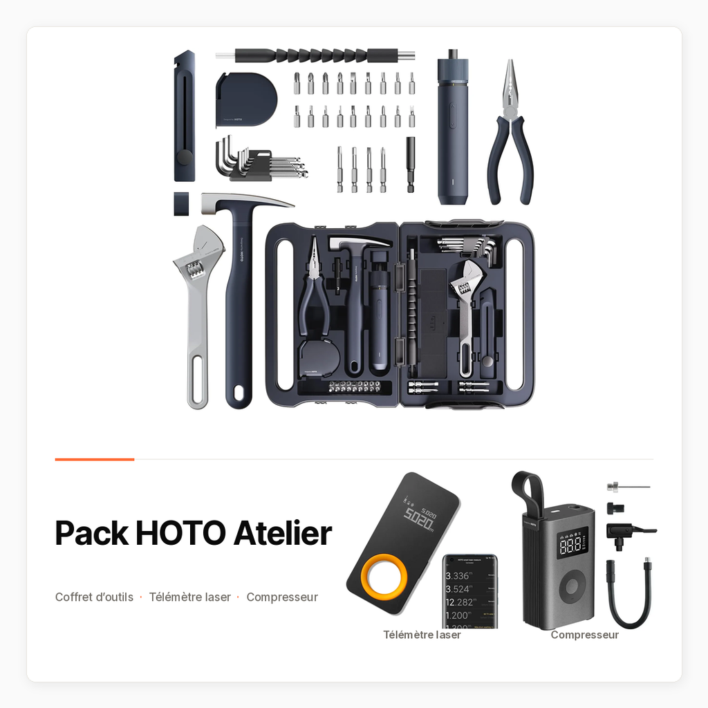Pack HOTO Atelier avec Coffret d’outils, télémètre laser et compresseur