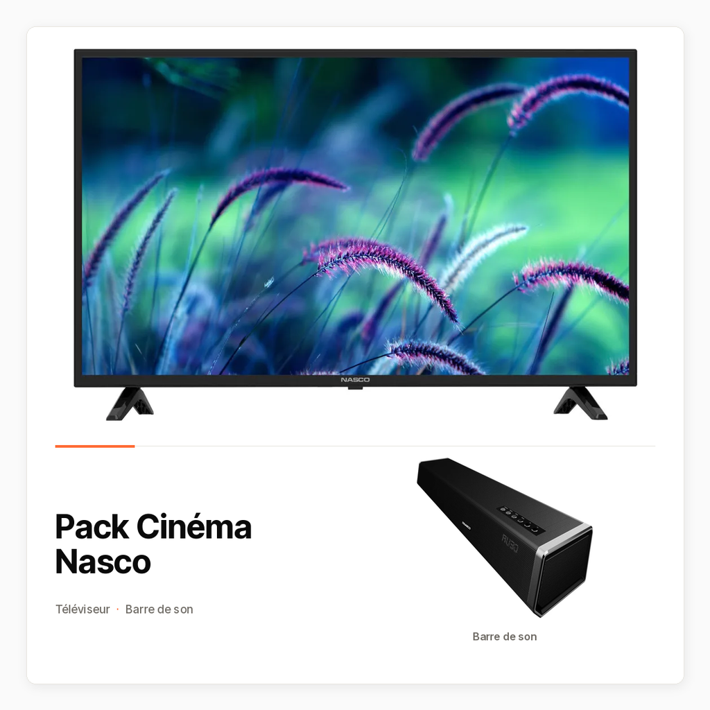 Pack Cinéma Nasco avec Smart TV 43 pouces et barre de son