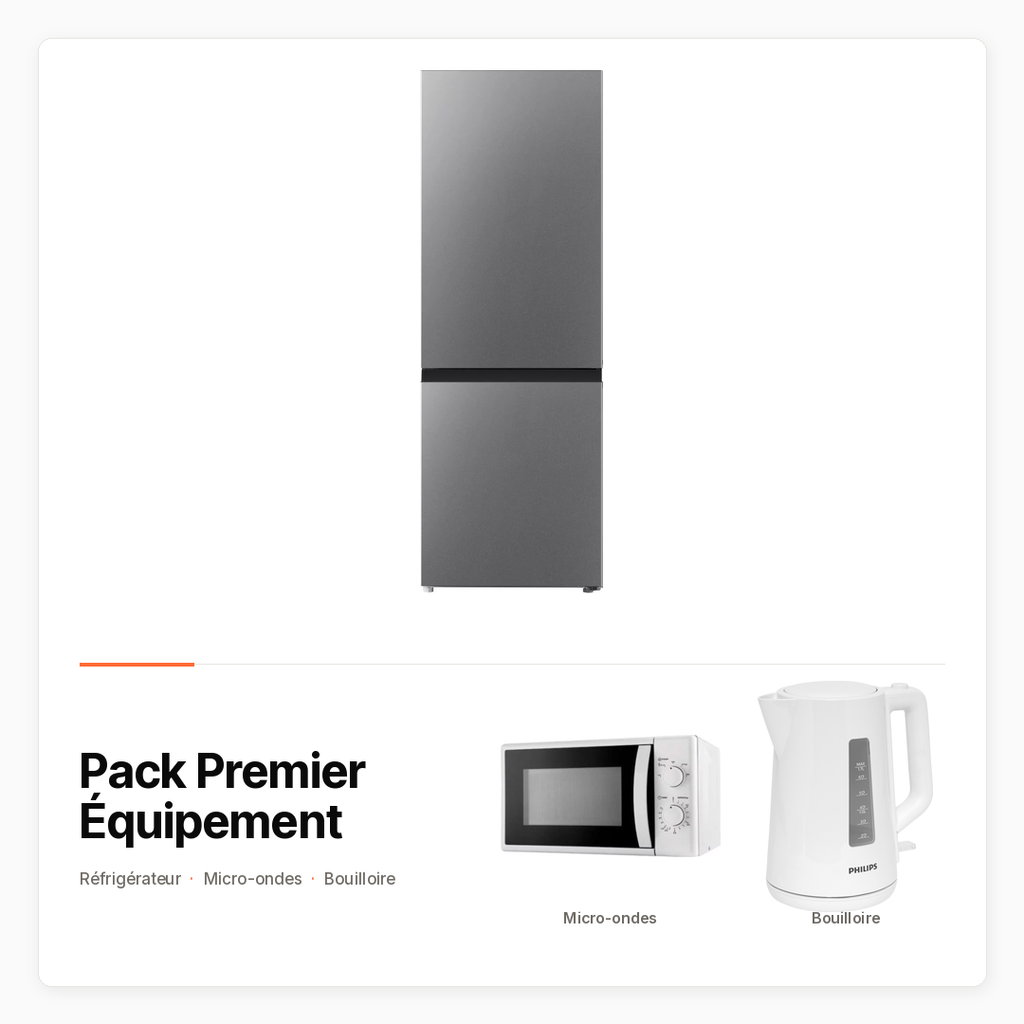 Pack Premier Équipement avec Réfrigérateur, micro-ondes et bouilloire
