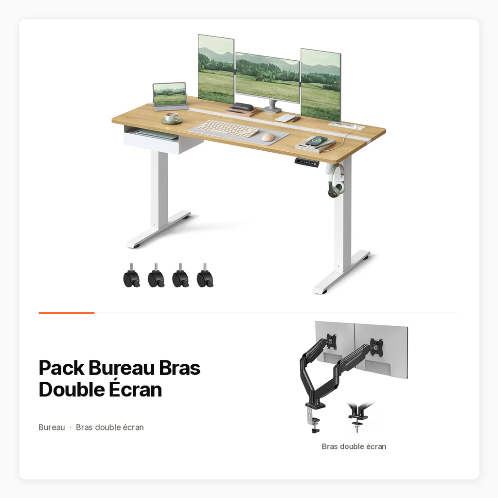 [PACK-CROSS-BUREAU-BRAS-DOUBLE] Pack Bureau Bras Double Écran avec Bureau assis-debout et bras double