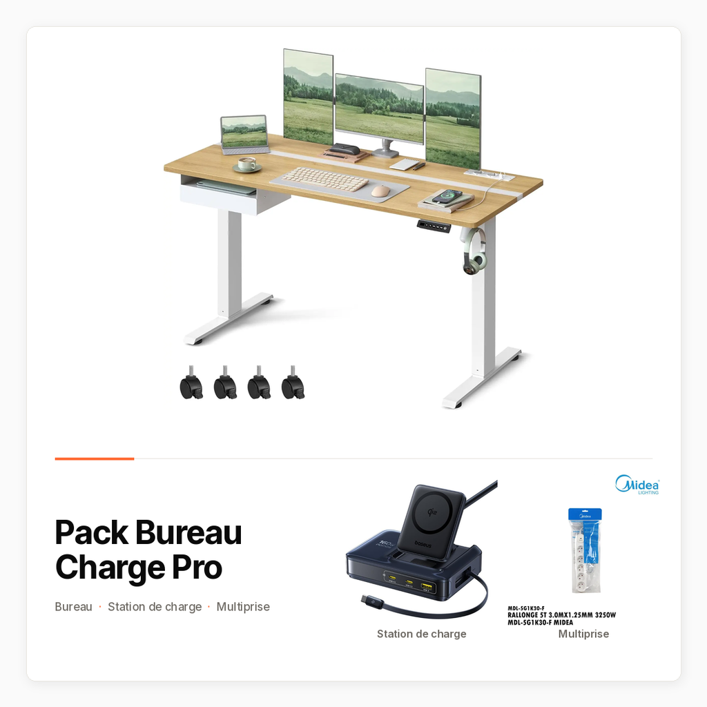 Pack Bureau Charge Pro — Bureau, station Qi2 et multiprise