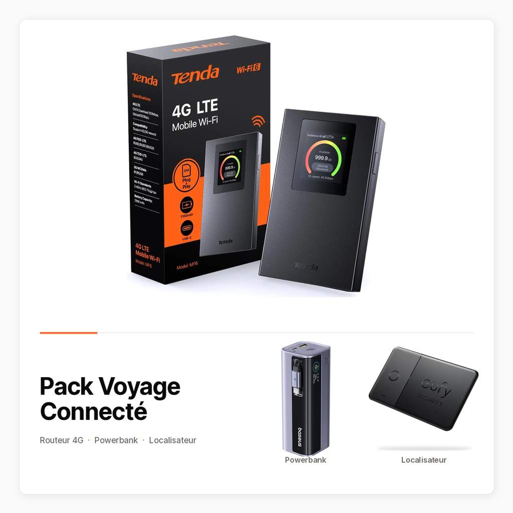 [PACK-CROSS-VOYAGE-CONNECTE] Pack Voyage Connecté — Routeur 4G, powerbank et localisateur au choix