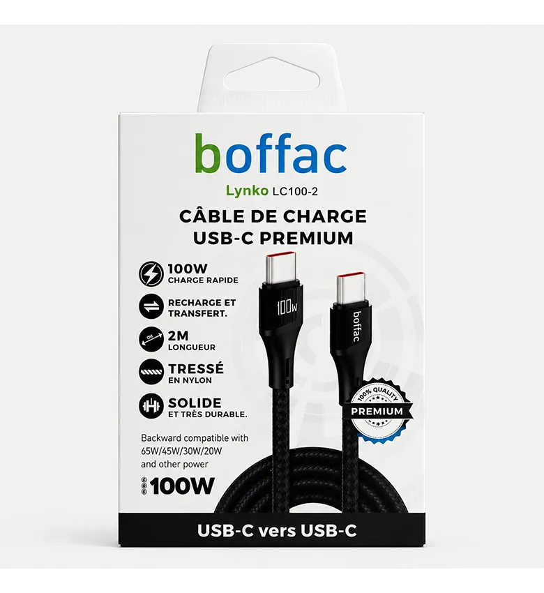 Boffac Lynko LC100-2, câble USB-C vers USB-C 100 W, 2 m