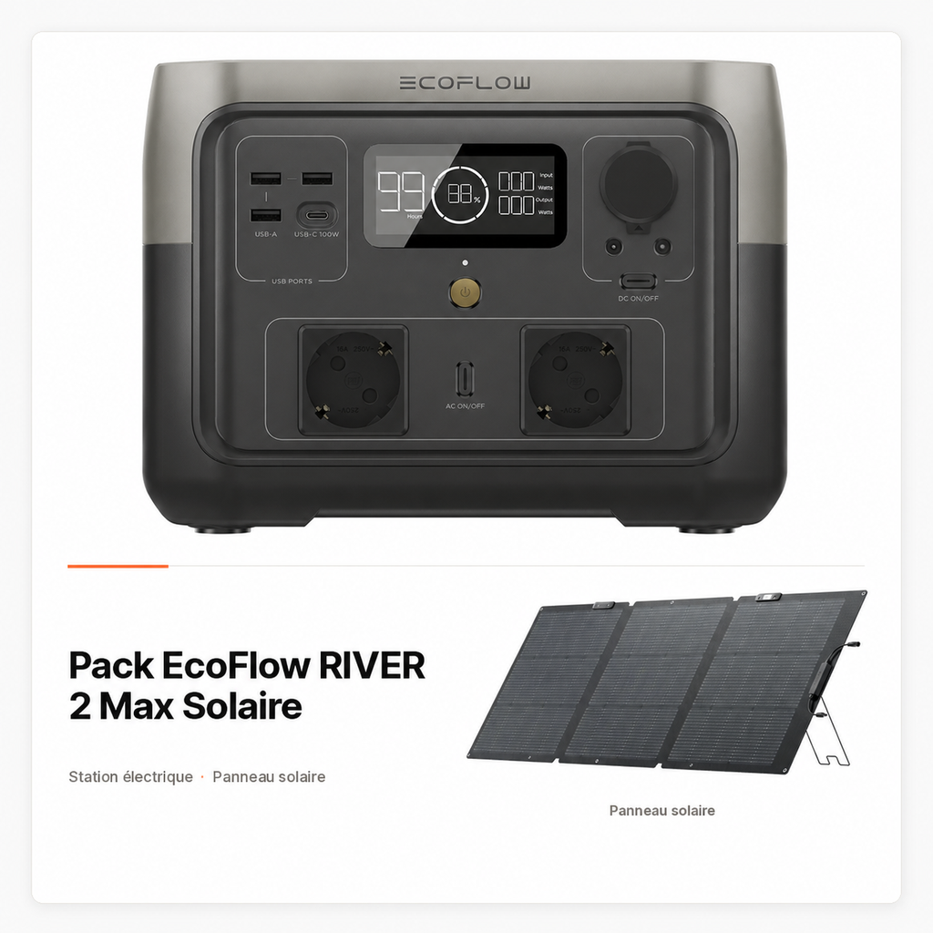 [PACK-MAISON-ECOFLOW-RIVER2-MAX-SOLAIRE] Pack EcoFlow RIVER 2 Max Solaire 512 Wh avec panneau 160 W