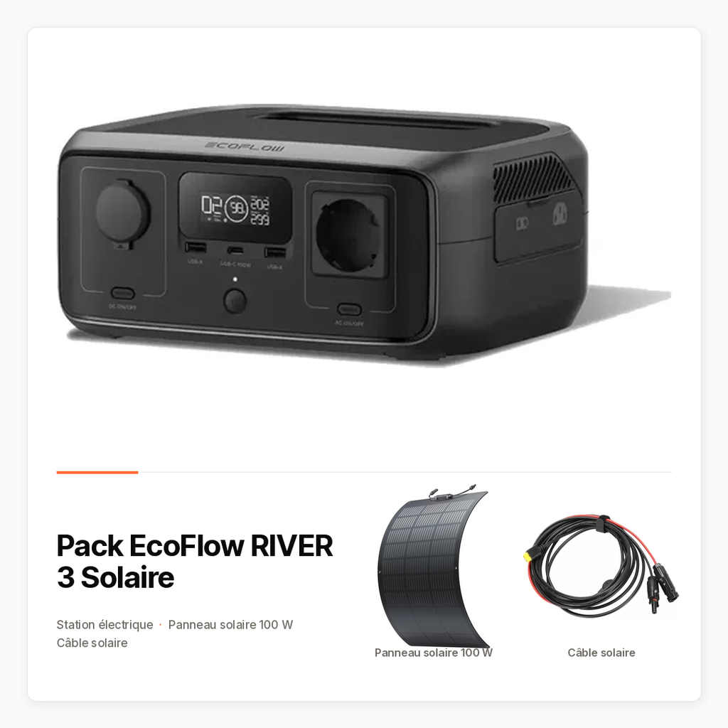 [PACK-MAISON-ECOFLOW-RIVER3-SOLAIRE-100W] Pack EcoFlow RIVER 3 Solaire avec Station 245 Wh, panneau flexible 100 W et câble