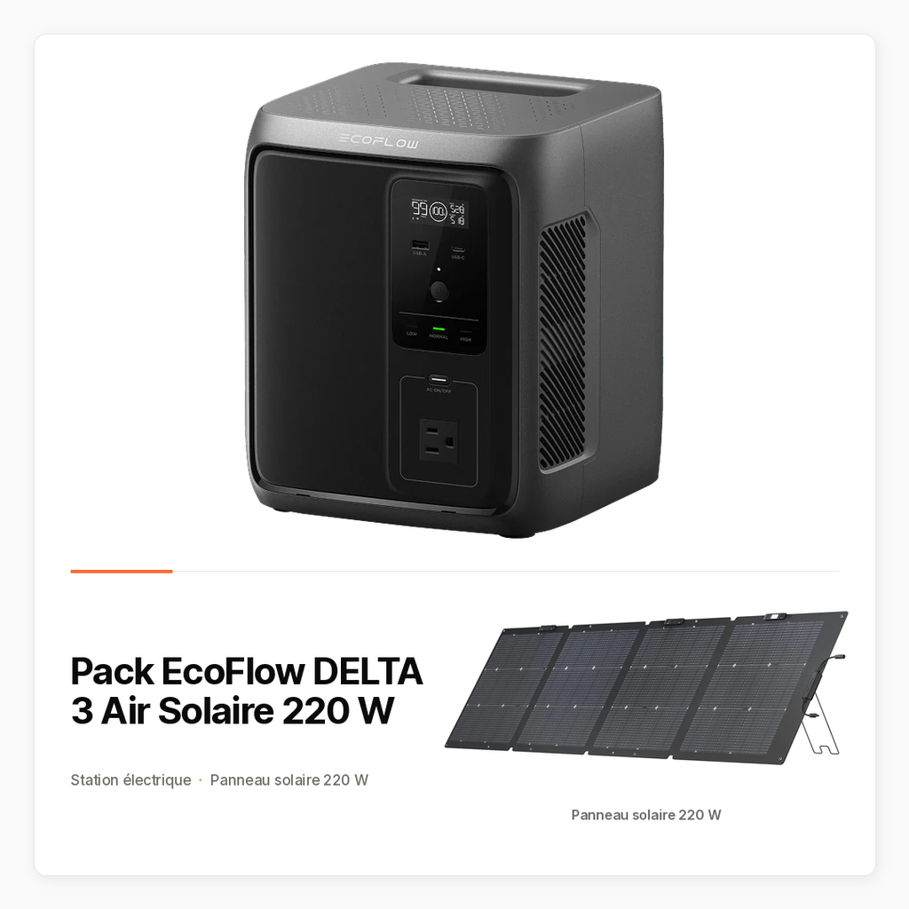 [PACK-MAISON-ECOFLOW-DELTA3-AIR-SOLAIRE-220W] Pack EcoFlow DELTA 3 Air Solaire 220 W avec Station 960 Wh et panneau bifacial