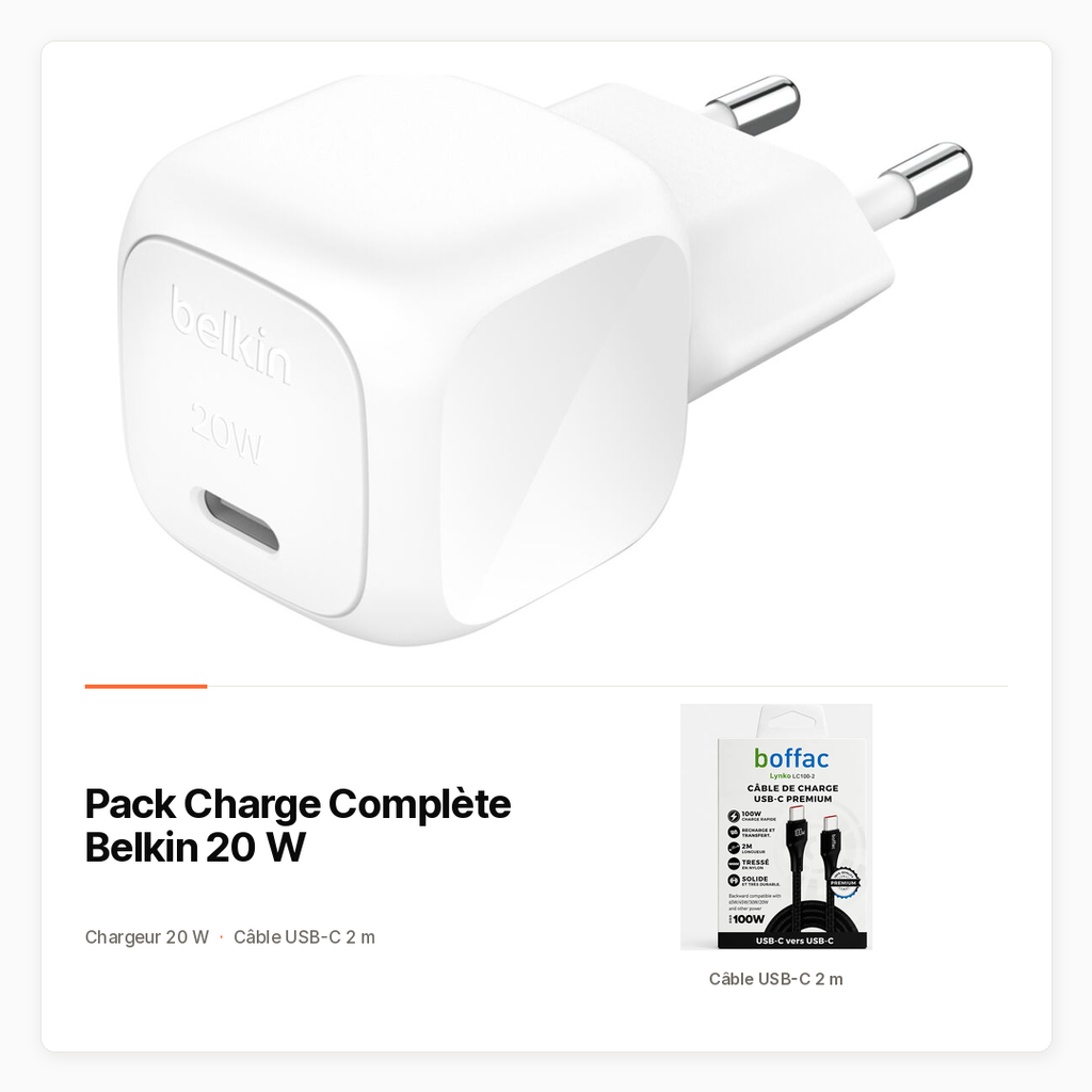 [PACK-HT-BELKIN-CHARGE-20W] Pack Belkin 20 W avec chargeur et câble USB-C 2 m