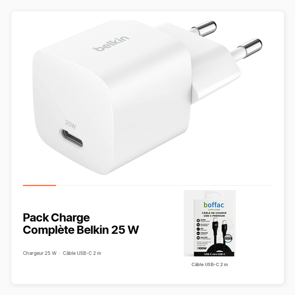 [PACK-HT-BELKIN-CHARGE-25W] Pack Belkin 25 W avec chargeur et câble USB-C 2 m