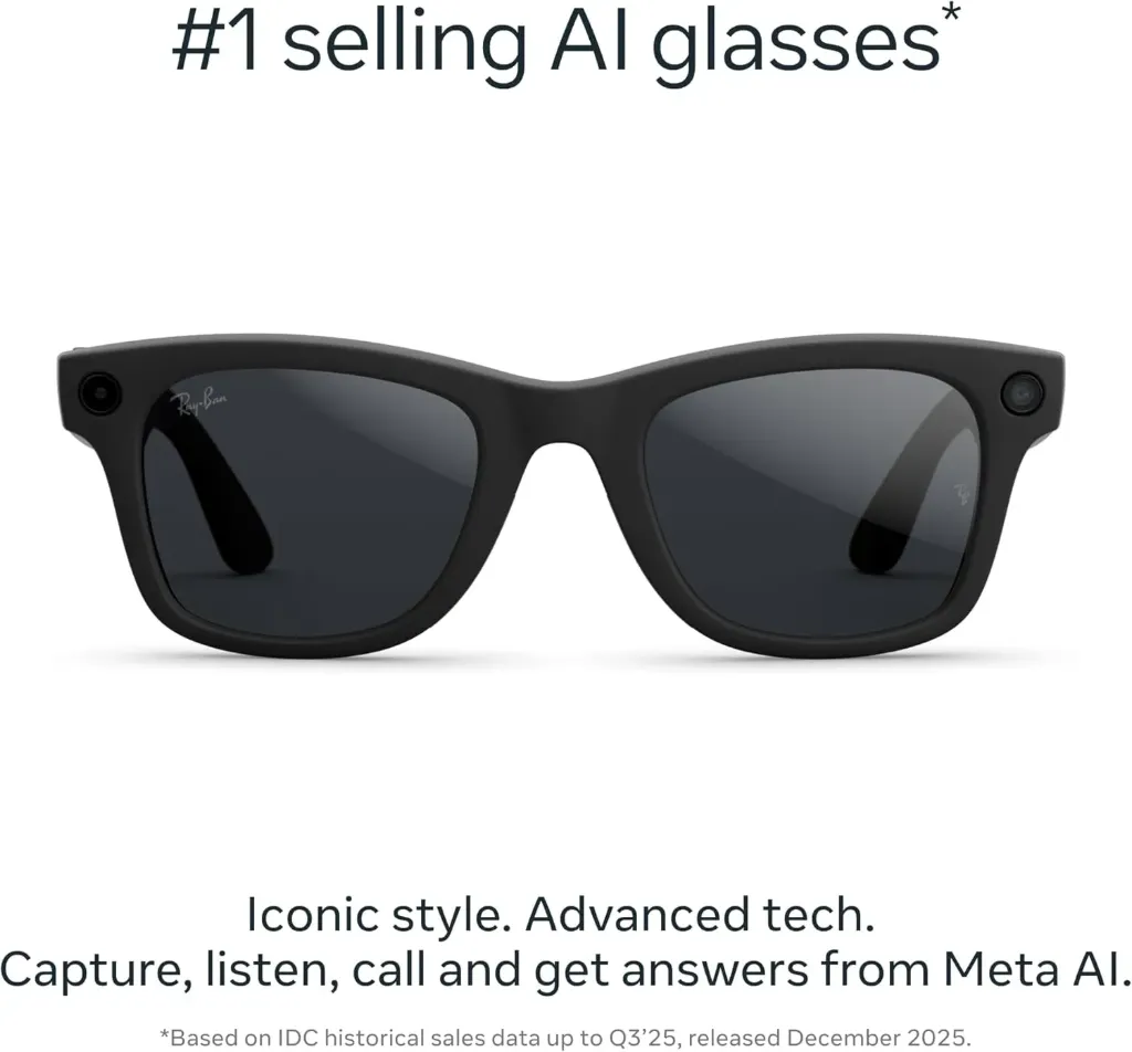 Lunettes Meta Wayfarer AI (2e génération) Appareil photo 12 Mpx, vidéo 3K Ultra HD, audio à oreille ouverte, Meta AI (noire)