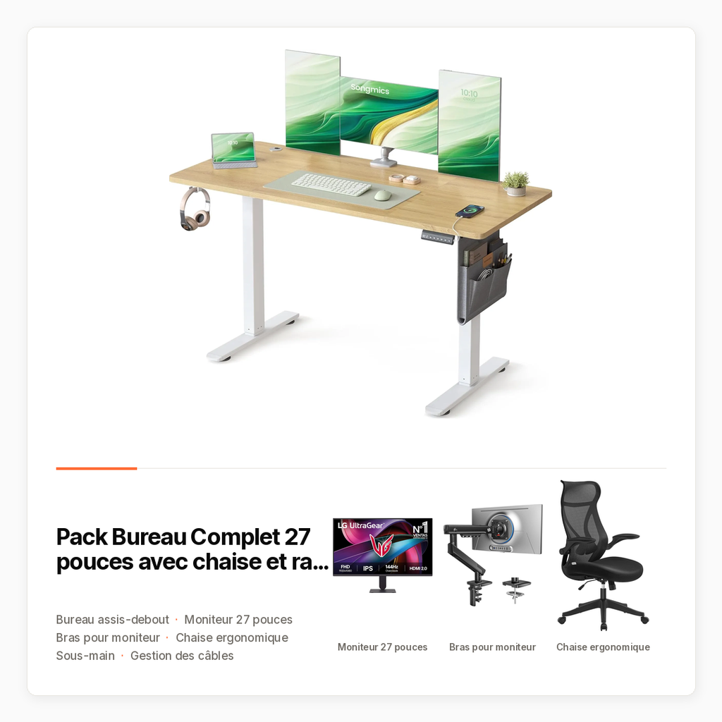 Pack Bureau Complet 27 pouces avec chaise et rangement des câbles