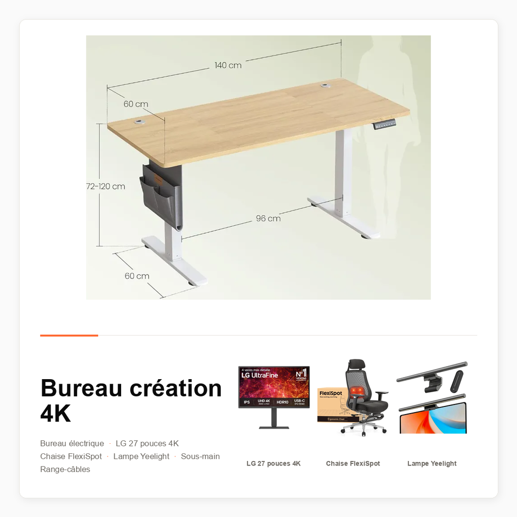 Pack Bureau Création 4K avec chaise FlexiSpot