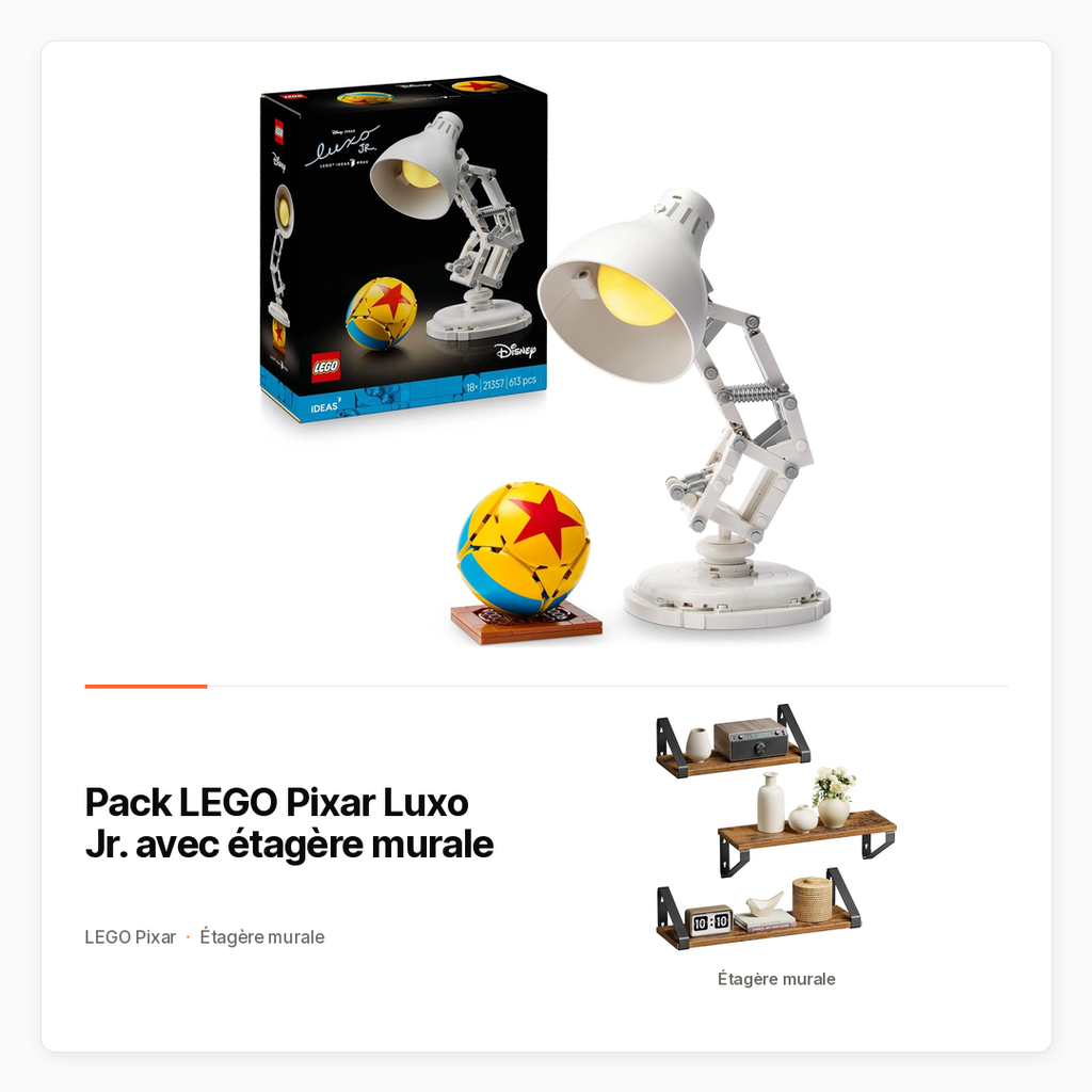 Pack LEGO Pixar Luxo Jr. avec étagère murale