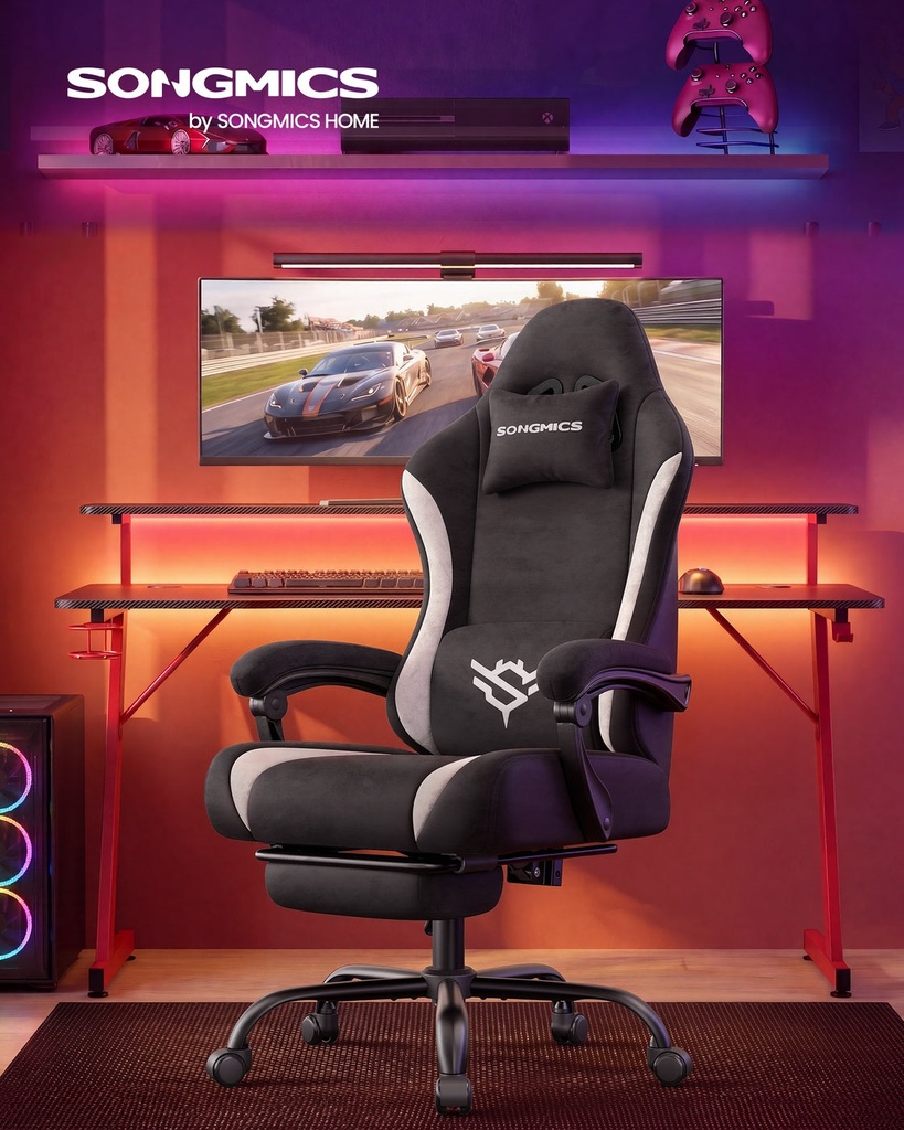 SONGMICS Cathy, chaise gaming en suédine, noir et blanc
