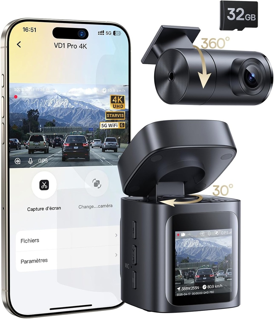 Baseus VD1 Pro Dashcam Voiture Avant Arriere Solaire 4K/1080p, Carte 32GB