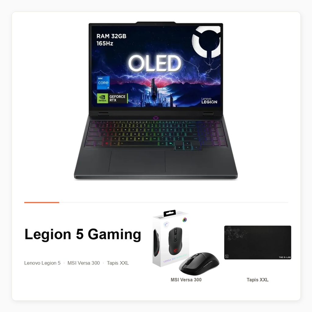 Pack Lenovo Legion 5 15,1 pouces, RAM 32 Go, RTX 5070 avec souris et tapis