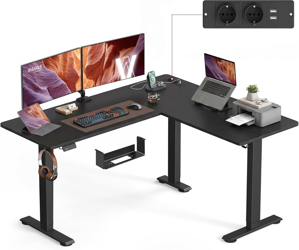 VASAGLE, bureau d’angle électrique 140 × 160 cm avec multiprise (Noir d’encre)