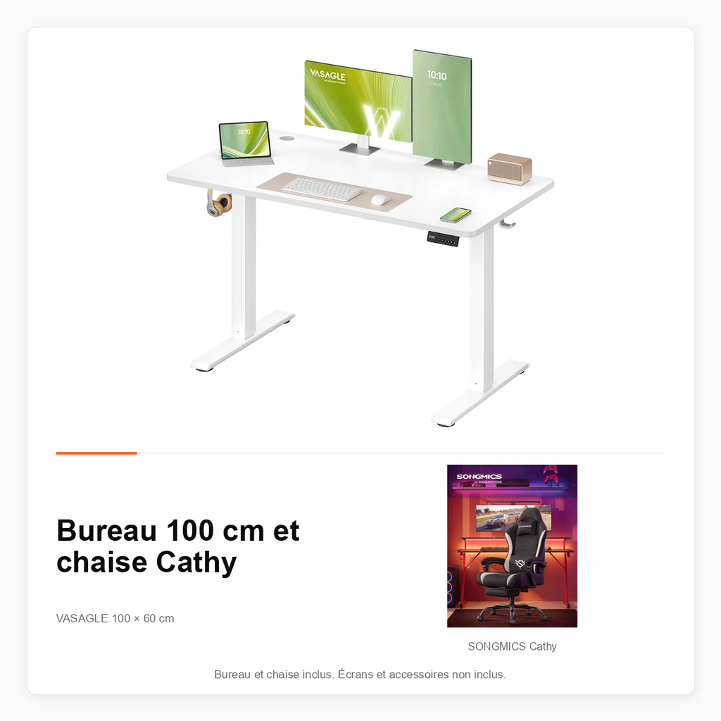 [PACK-BUREAU100-CATHY] Pack bureau assis-debout 100 cm avec chaise Cathy