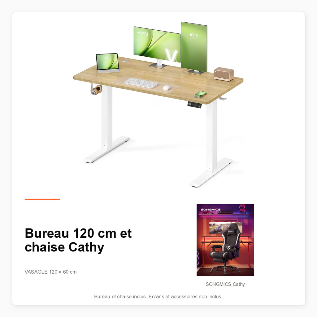 [PACK-BUREAU120-CATHY] Pack bureau assis-debout 120 cm avec chaise Cathy