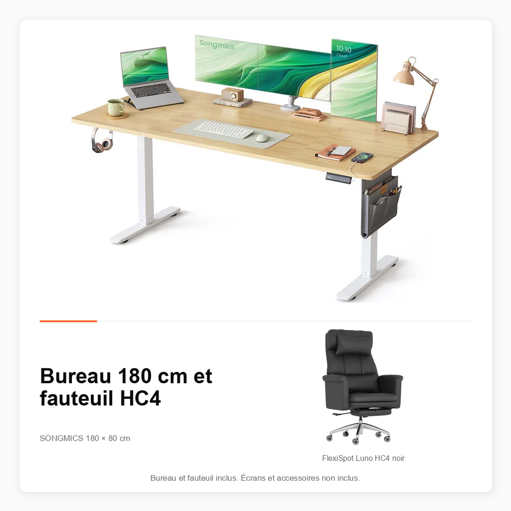 Pack bureau assis-debout 180 cm avec fauteuil FlexiSpot HC4