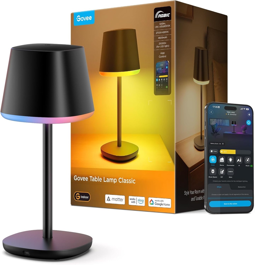 [H1741] Govee Lampe de Chevet LED RGBICWW, Rechargeable Sans Fil, compatible avec Matter et Alexa
