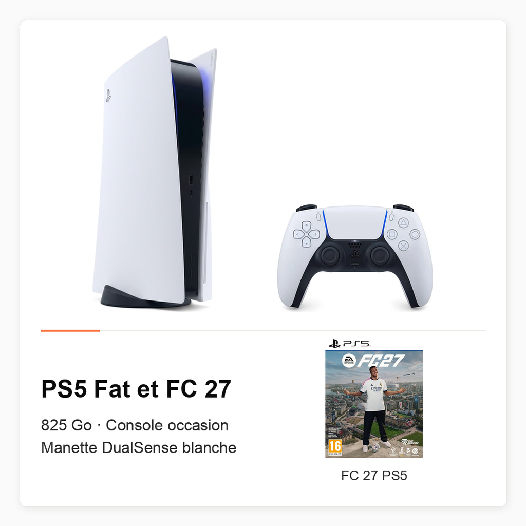 [PACK-PS5-FAT-OCC-FC27] Pack PS5 Fat 825 Go avec DualSense blanche et FC 27 (console occasion)