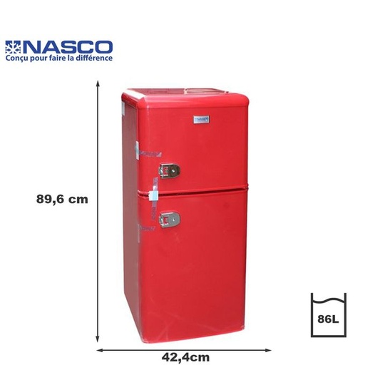 [NASF2-110RT] PETIT FRIGO NASCO RETRO 2 PORTES ROUGE 110LT (86LT NET) / R600A / ECONOMIE D'ENERGIE
