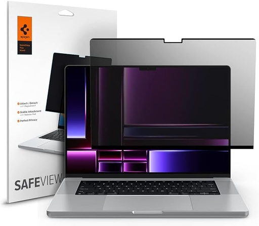 Spigen SafeView Filtre de Confidentialité pour Macbook Pro 16 Pouces (M3 / M3 Pro / M3 Max / M2 Pro / M2 Max / M1 Pro / M1 Max), 1 Unité