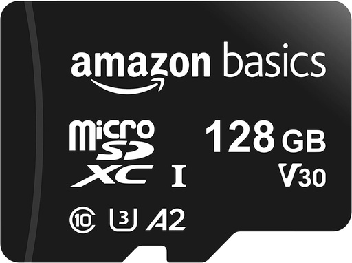 Amazon Basics Carte Mémoire MicroSDXC, 128 GB, avec Adaptateur SD, A2, U3, vitesse de lecture maximale de 100 Mo/s, Noir