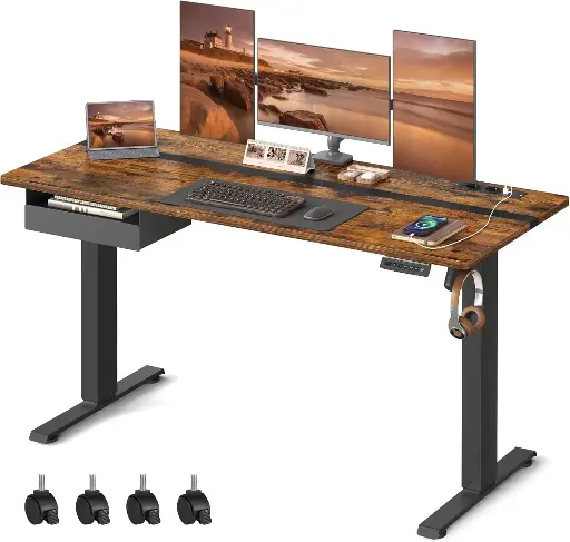 [LSD114X01] VASAGLE Bureau Électrique Réglable en Hauteur, Bureau Assis- debout, Surface 60 x 140 cm, Réglable en Continu, Fonction Mémoire de 4 Hauteurs, Marron Rustique et Noir 