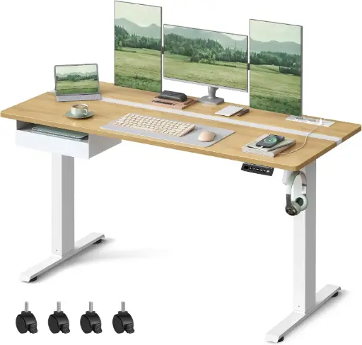 [LSD116N01] VASAGLE Bureau Électrique Réglable en Hauteur, Bureau Assis- debout, Multiprise, Tiroir, 70 x 160 cm, Réglable en Continu, Fonction Mémoire de 4 Hauteurs, Blanc Nuage